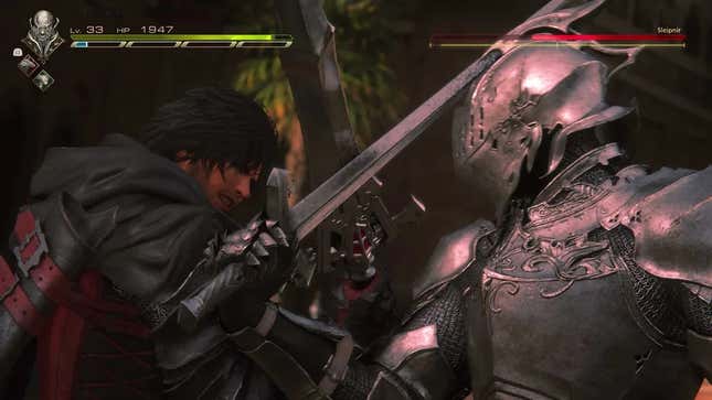 Clive, the protagonist of Final Fantasy 16, spar with a knight.